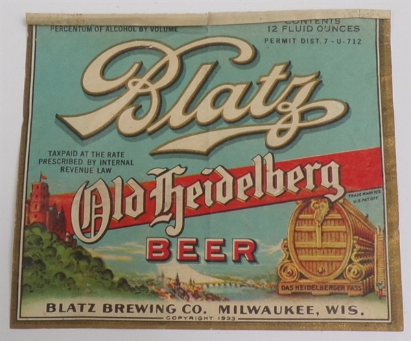 Blatz Old Heidelberg Label, Milwaukee, WI
