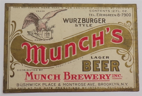 Munch's Beer Label, Brooklyn, NY
