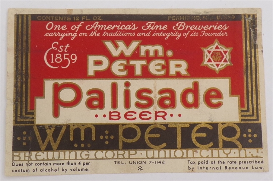 Wm. Peter Palisade Beer Label, Union City, NJ
