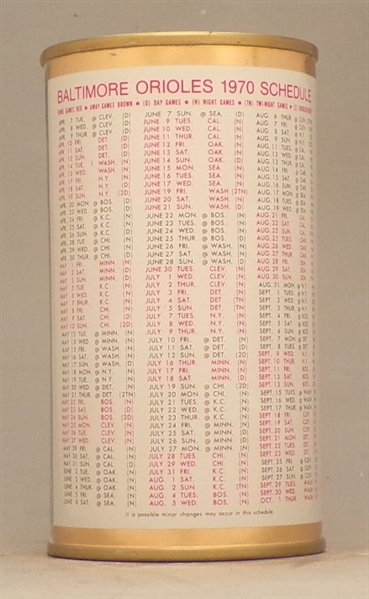 National Bohemian Bank Top, Orioles 1970 Schedule