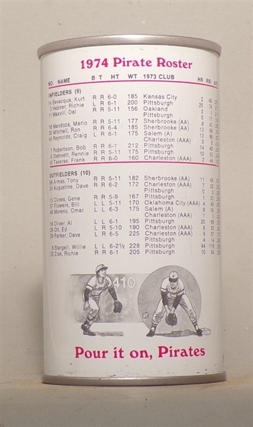 Iron City Tab Top, 1974 Pirate Roster (The Beer Drinker's Beer) Pittsburgh, PA