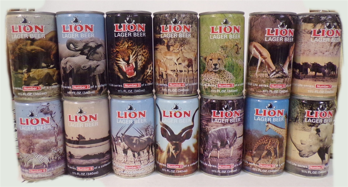 Lion Complete Set of 14 Steel Tab Top Cans, South Africa