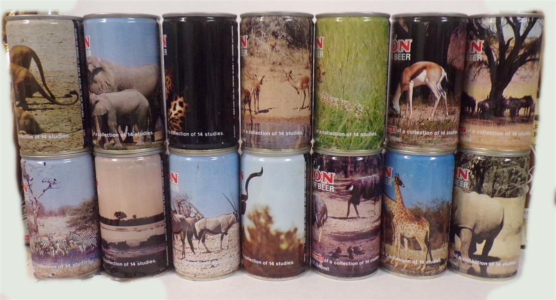 Lion Complete Set of 14 Steel Tab Top Cans, South Africa