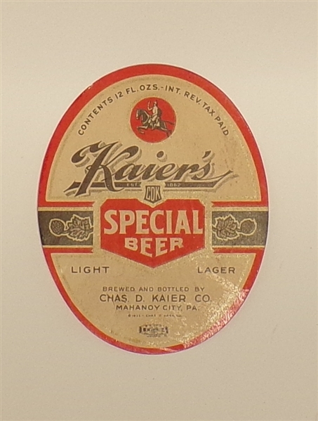 Kaier's Special Beer Label, Wilkes-Barre, PA