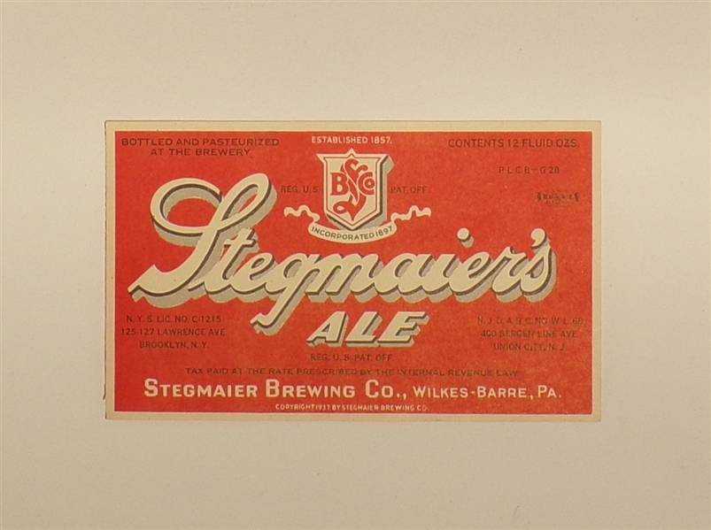 Stegmaier's Ale Label, Wilkes-Barre, PA