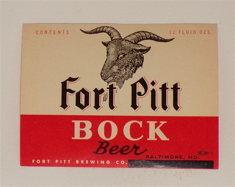 Fort Pitt Bock Label, Baltimore, MD