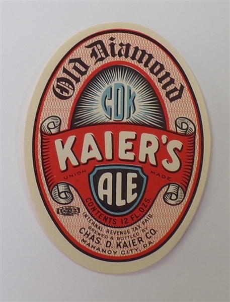 Kaier's Ale Label, Mahanoy City, PA