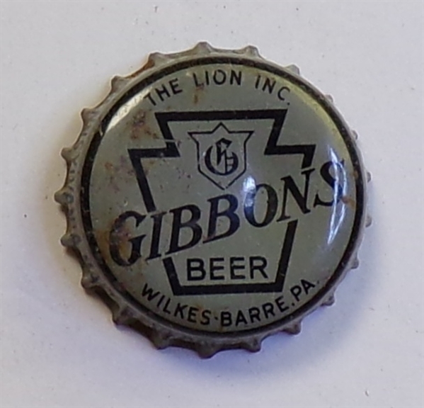 Gibbons Beer (Gray) Cork-Backed Crown #6, Wilkes-Barre, PA