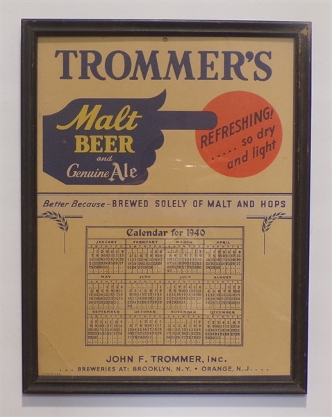 Trommer's Malt Beer Framed 1940 Calendar