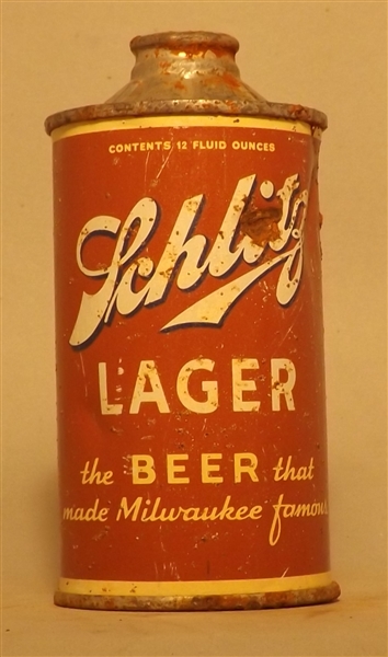 Schlitz Lager Low Profile Inverted Rib, Flat Bottom Cone Top, Milwaukee, WI