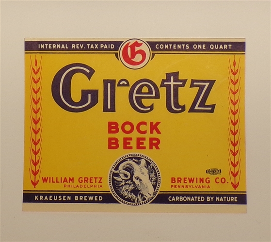 Gretz Bock Label, Philadelphia, PA