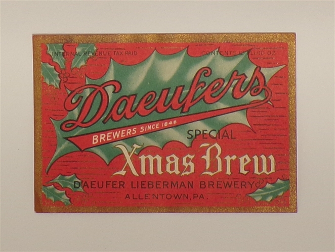 Daeufers Xmas Brew Label, Allentown, PA