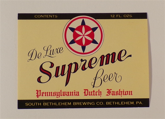 Supreme Beer Label, Bethlehem, PA