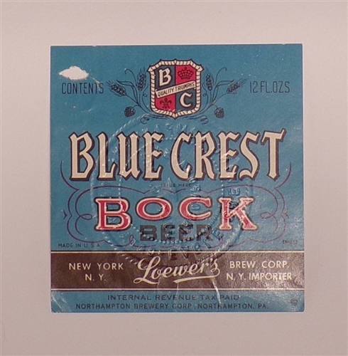 Blue Crest Bock Label, Northampton, PA