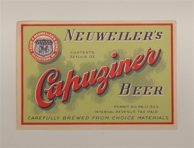 Neuweilers Capuziner Label, Allentown, PA