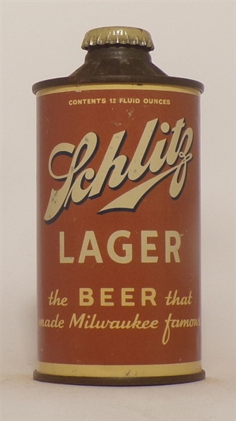 Schlitz Lager Inverted Rib, Flat Bottom Low Profile Cone Top, Milwaukee, WI