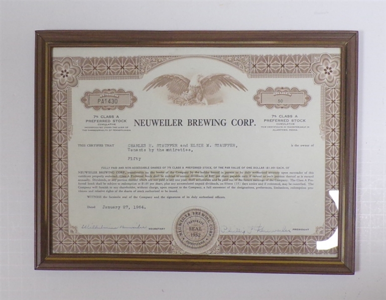 Framed Neuweiler Stock Certificate, Allentown, PA