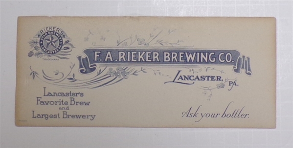 F.A.Rieker Brewing Co. Paper, Lancaster, PA