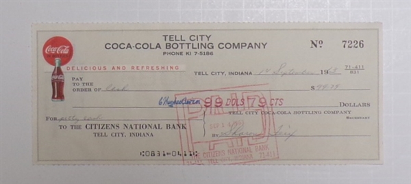 Coca-Cola Cancelled Check #2, Tell City, IN