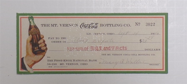 Coca-Cola Cancelled Check #3, Mt. Vernon, OH