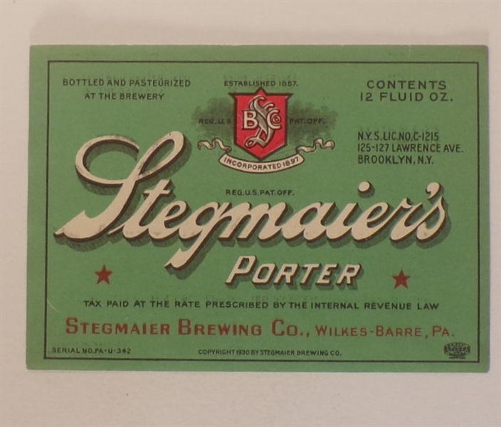 Stegmaier Beer Label #9, Wilkes-Barre, PA