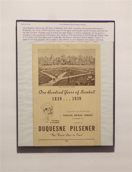 Duquesne One Hundred Years of Baseball 1839-1939 